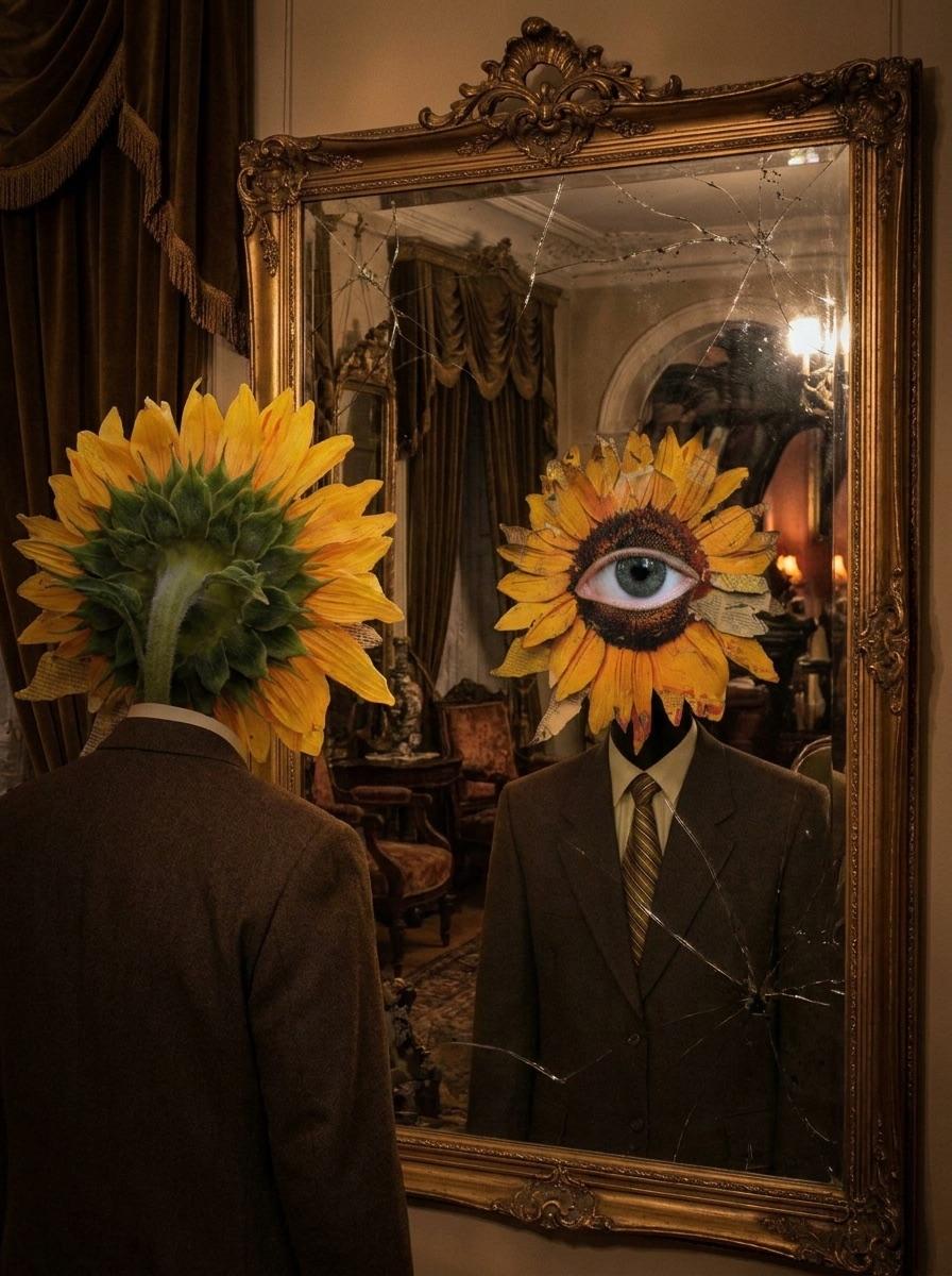 천사 캐릭터가 거울 앞에 서 있는 장면